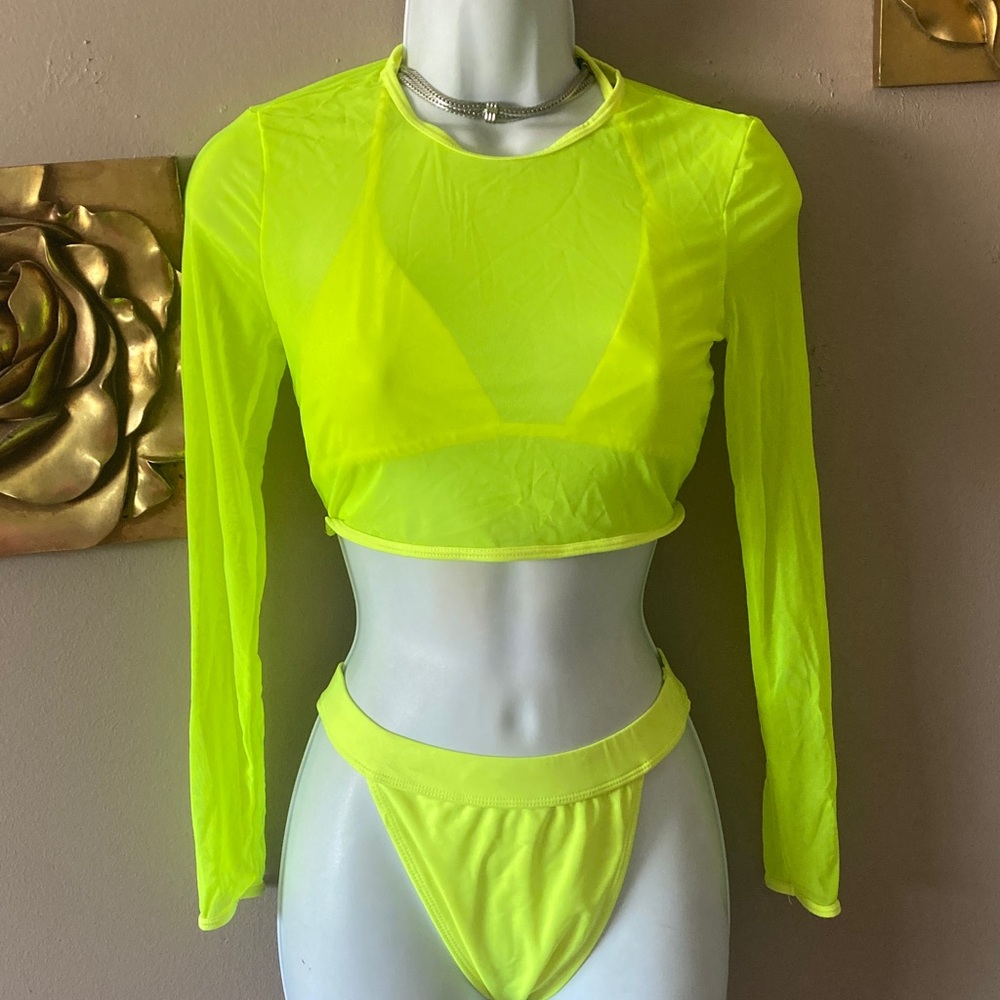 Neon Yellow Sheer Crop Top and Bikini Set